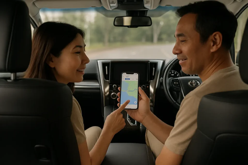 Pasangan suami istri duduk di dalam Toyota Alphard 2021 sambil berdiskusi dan menunjuk layar iPhone 15 yang menampilkan peta Google Maps rute perjalanan menuju Jogjakarta