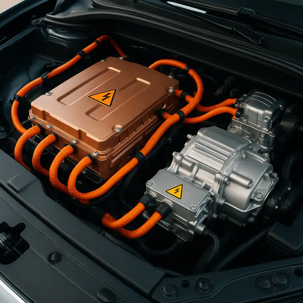 Mesin listrik mobil modern dengan motor, rotor, stator, dan kabel tembaga